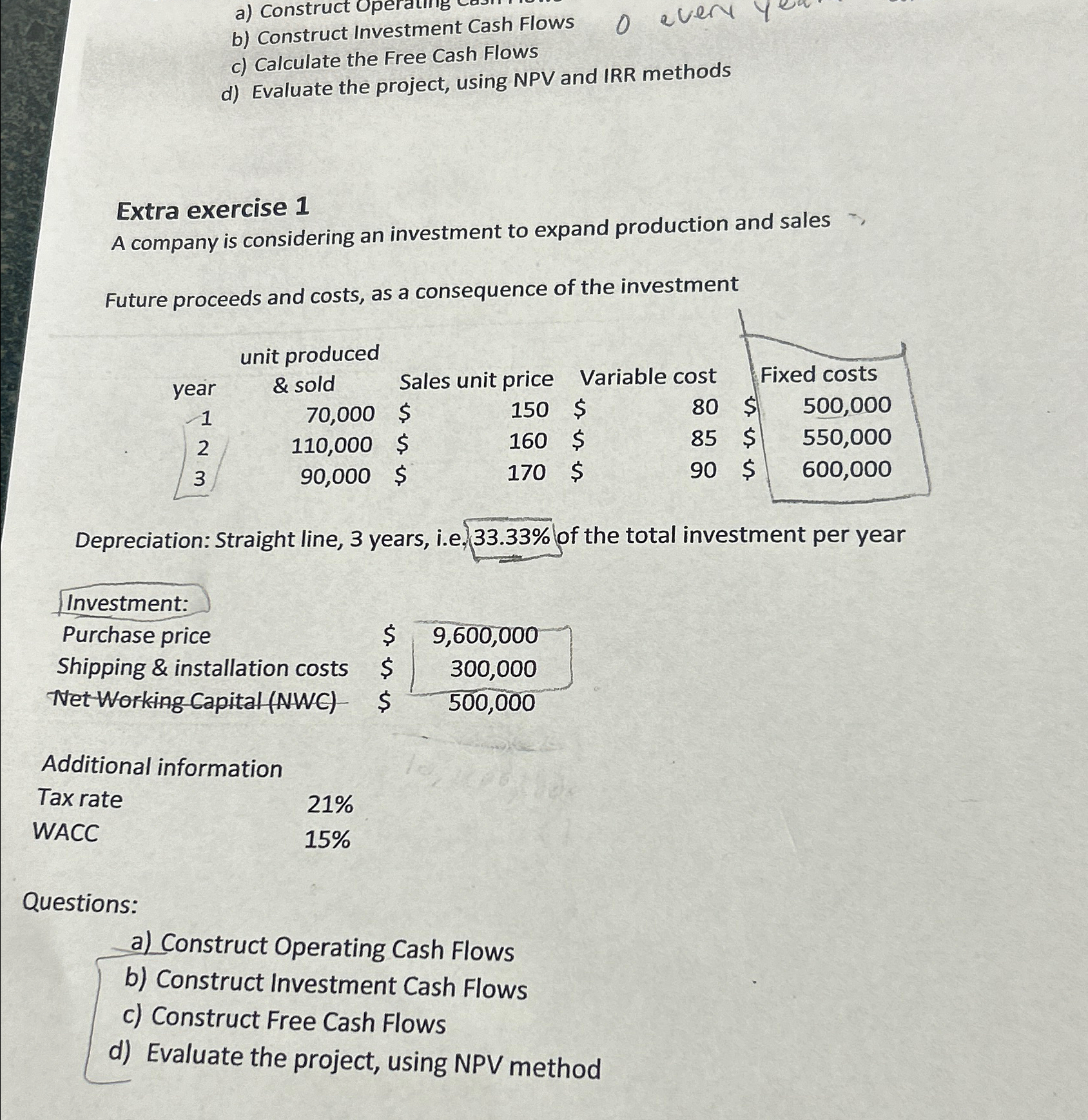  a) Construct b) Construct Investment Cash Flows c) Calculate the Free