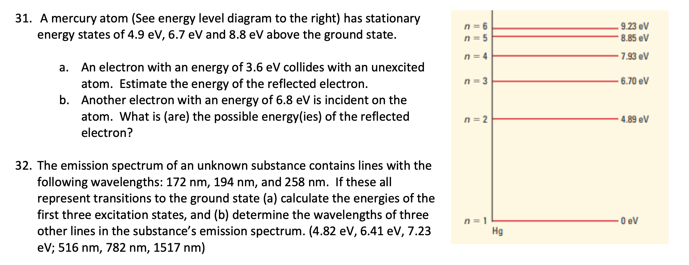 n = 4 -1.51 eV n = 3 -3.40 eV n =