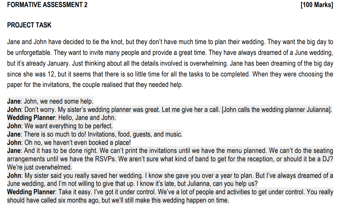  FORMATIVE ASSESSMENT 2 [100 Marks] PROJECT TASK Jane and John have