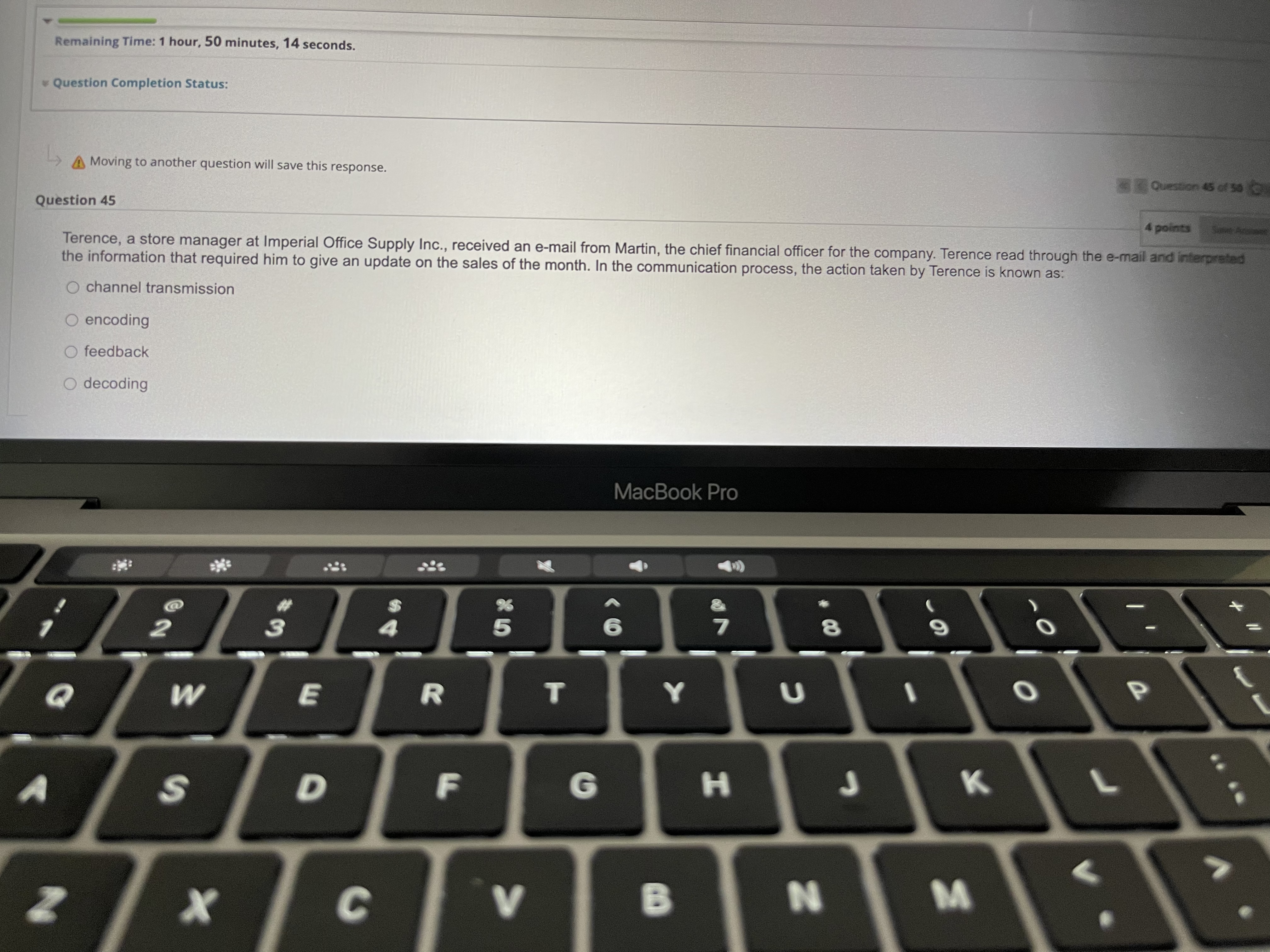 Remaining Time: 1 hour, 50 minutes, 14 seconds. Question Completion Status: