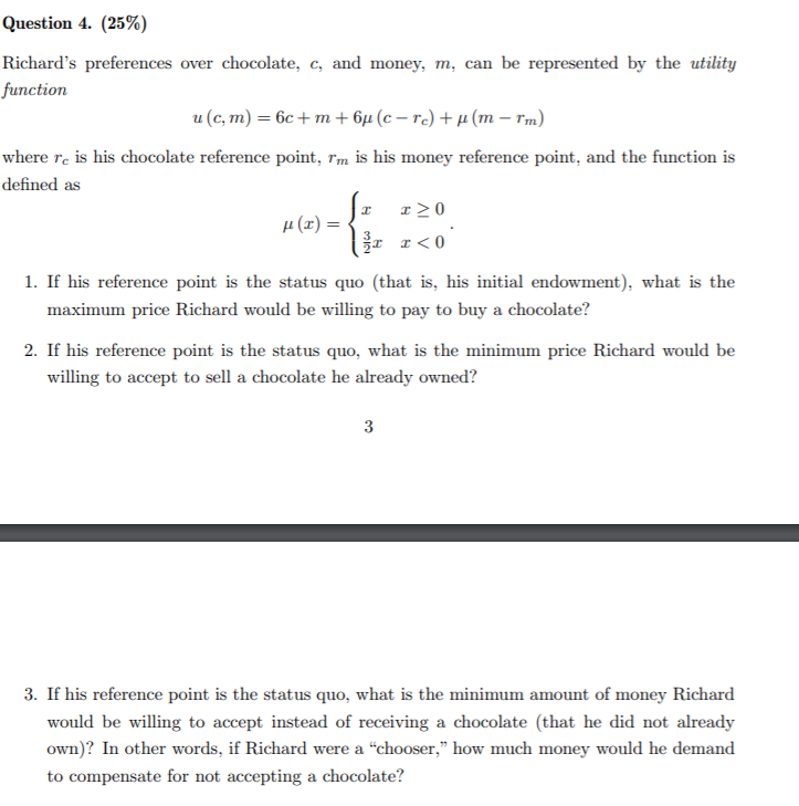 Question 4 help (in attached photo) Question 4. {25%} Richard's preferences mrer