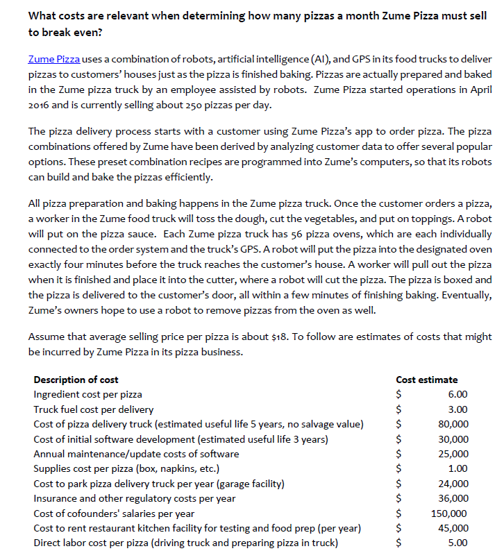  What costs are relevant when determining how many pizzas a month