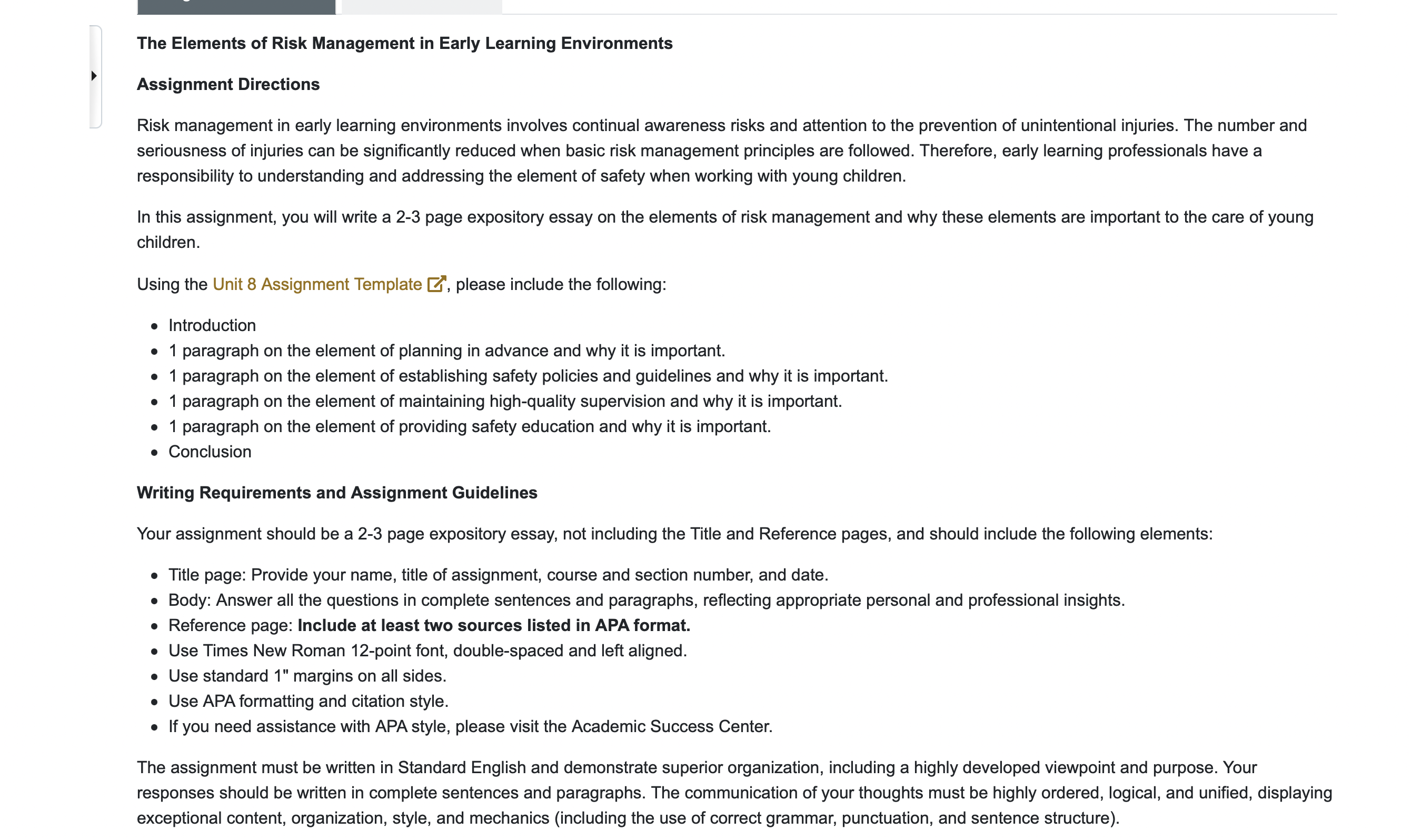  The Elements of Risk Management in Early Learning Environments Assignment Directions