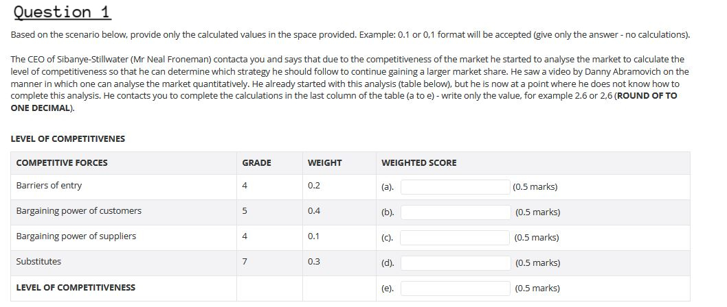 Question 1 Based on the scenario below, provide only the calculated