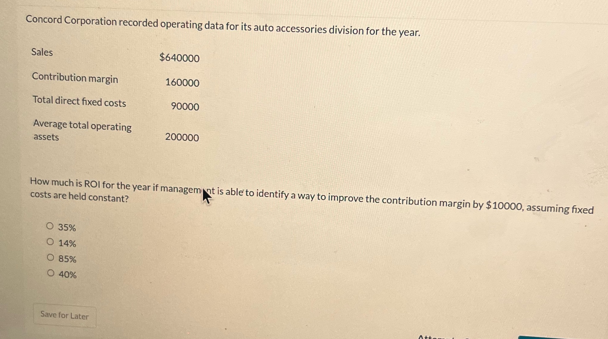  Concord Corporation recorded operating data for its auto accessories division for