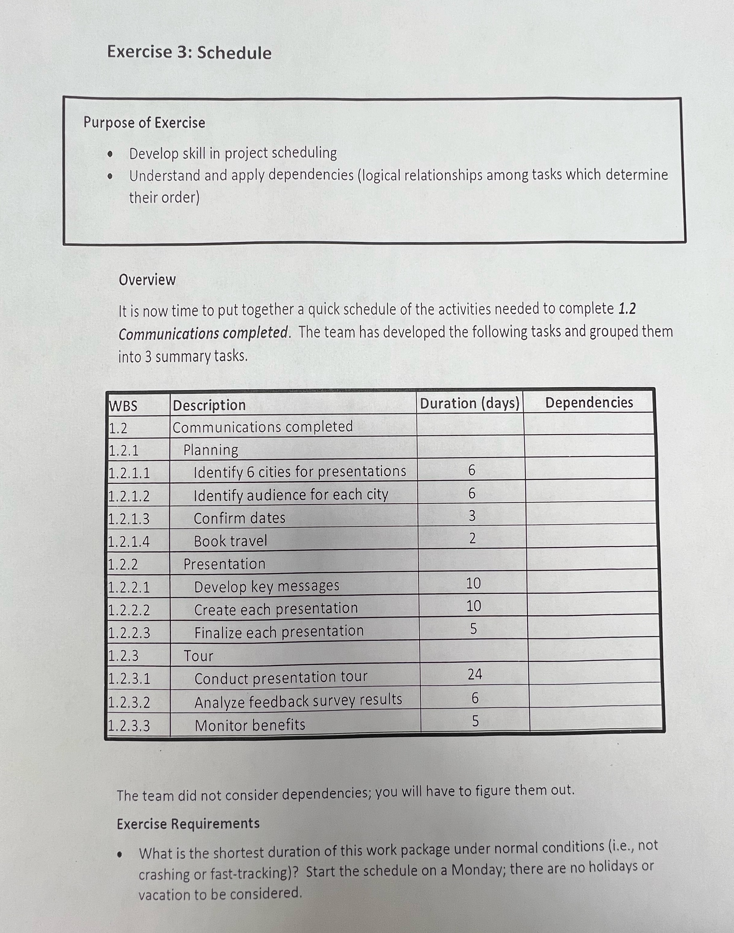 Exercise 3: Schedule Purpose of Exercise Develop skill in project scheduling