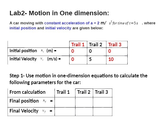  Lab2- Motion in One dimension: A car moving with constant acceleration