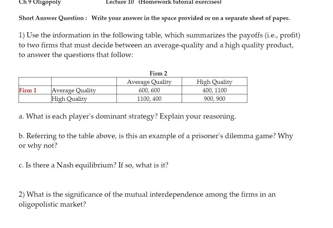  (.'h 9 Uligopoly Lecture 1U {Homework tutorial exercises) Short Answer Question