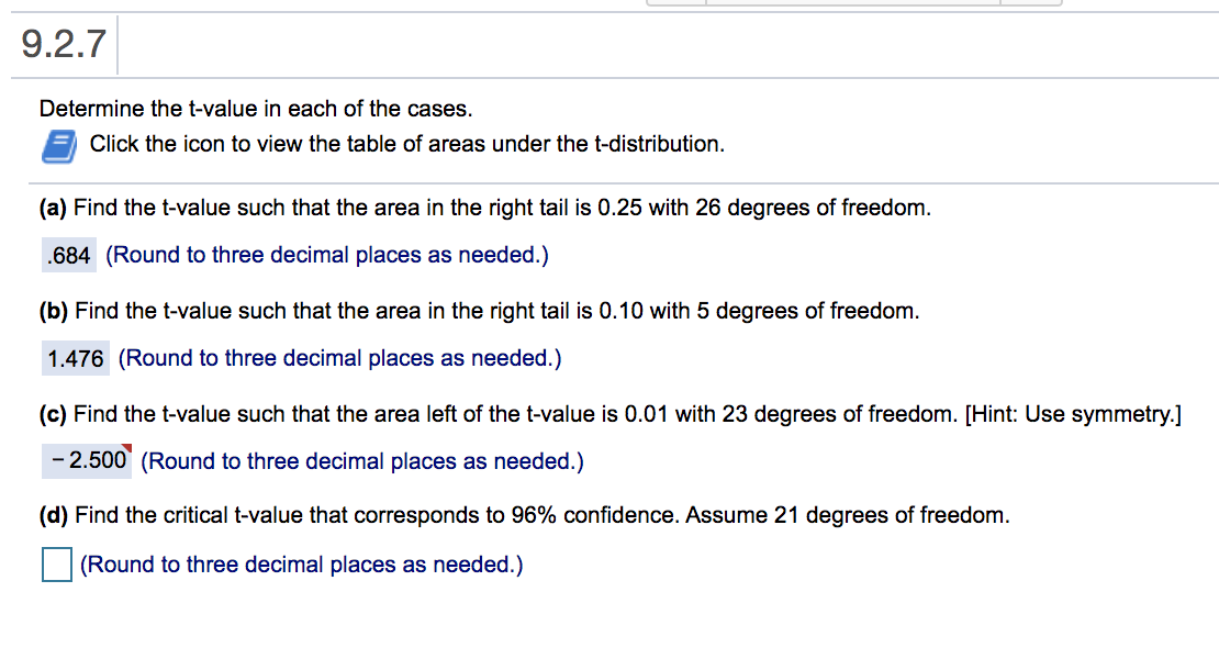 please help with question d 9.2.7 Determine the t-value in each of