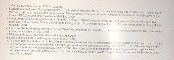 Sales, Incorporated, sells garden supplies, Management is planning its cash needs for