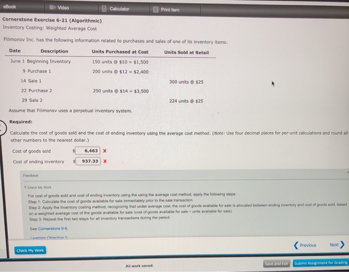  eBook Video Calculator Print Item Cornerstone Exercise 6-21 (Algorithmic) Inventory Costing: