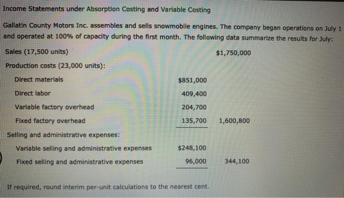 Gallatin County Motors Inc. Variable Costing Income Statement For the Month Ended