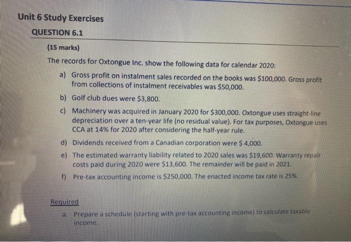  Unit 6 Study Exercises QUESTION 6.1 (15 marks) The records for