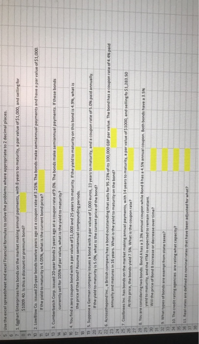  indexcel Financial formulas to solve the problems where appropriate to 2