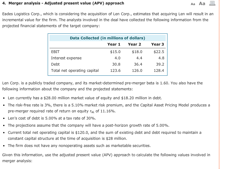  4. Merger analysis - Adjusted present value (APV) approach Aa Aa