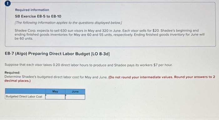 please show how you get answer thank you! Required information SB Exercise