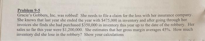  Problem 9-5 Gracie's Gobbers, Inc. was robbed! She needs to file