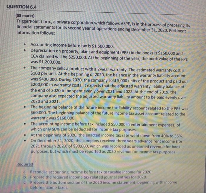  QUESTION 6.4 (53 marks) Trigger Point Corp., a private corporation which