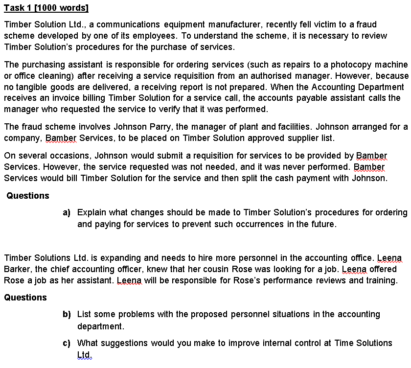 1000 WORDS Task 1 1000 words) Timber Solution Ltd., a communications