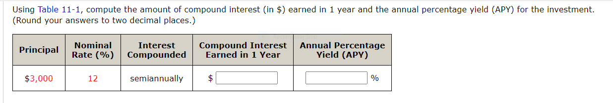 Using Table 11-1, compute the amount of compound interest (in $)
