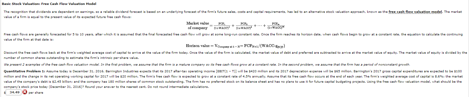  Basic Stock Valuation: Free Cash Flow Valuation Model +... (1+WACC The
