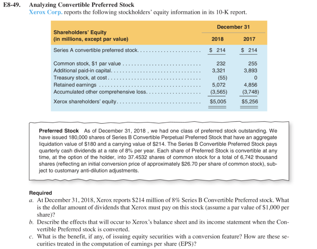 PLEASE ANSWER ALL PARTS E8-49. Analyzing Convertible Preferred Stock Xerox Corp. reports