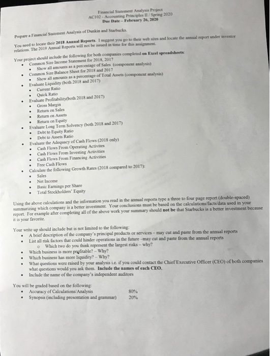  Financial Statement Analysis Project AC102 - Accounting Principles Spring 2020 Due