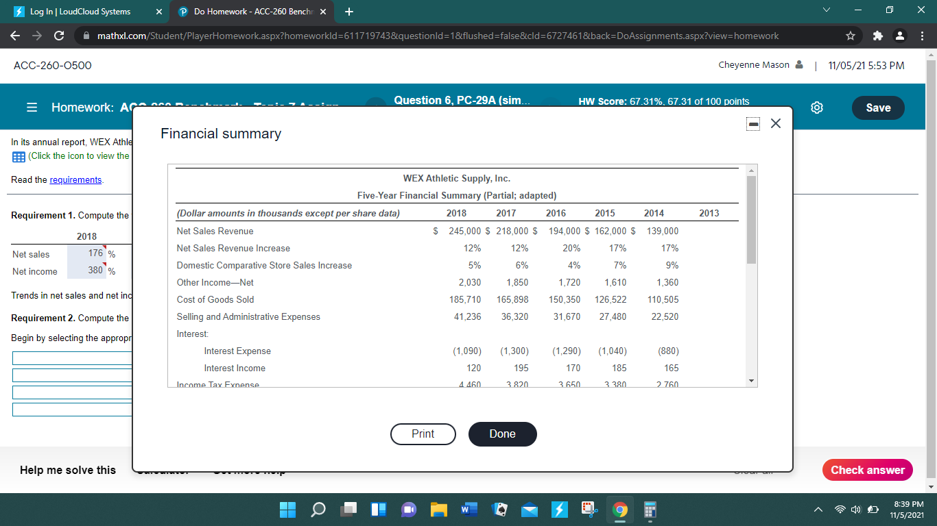 X + X C A mathxl.com/Student/PlayerHomework.aspx?homeworkld=611719743&questionld=1&flushed=false8cld=6727461&back=DoAssignments.aspx?view=homework ACC-260-0500 Cheyenne Mason & | 11/05/21