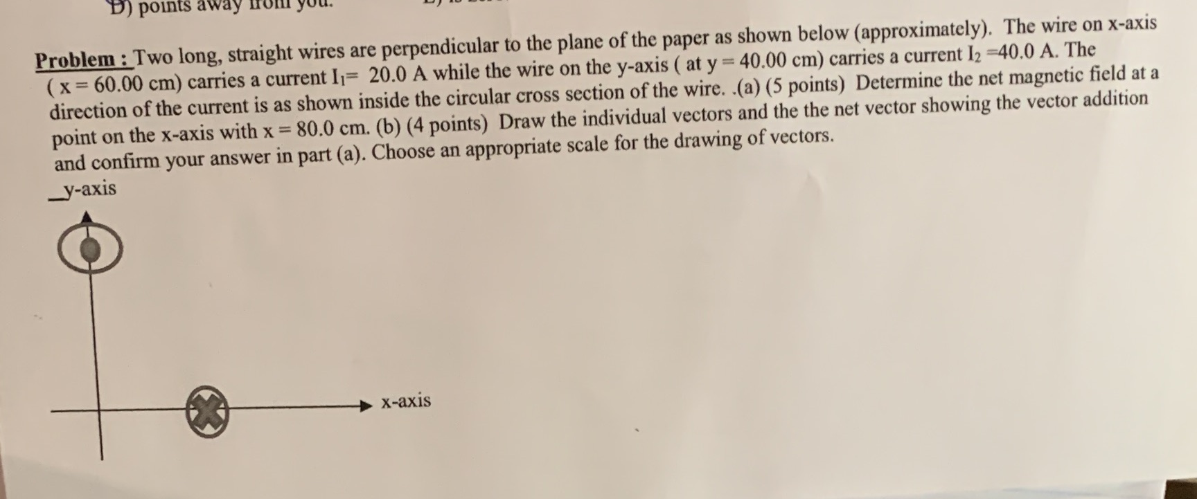  D) points away from y Problem : Two long, straight wires