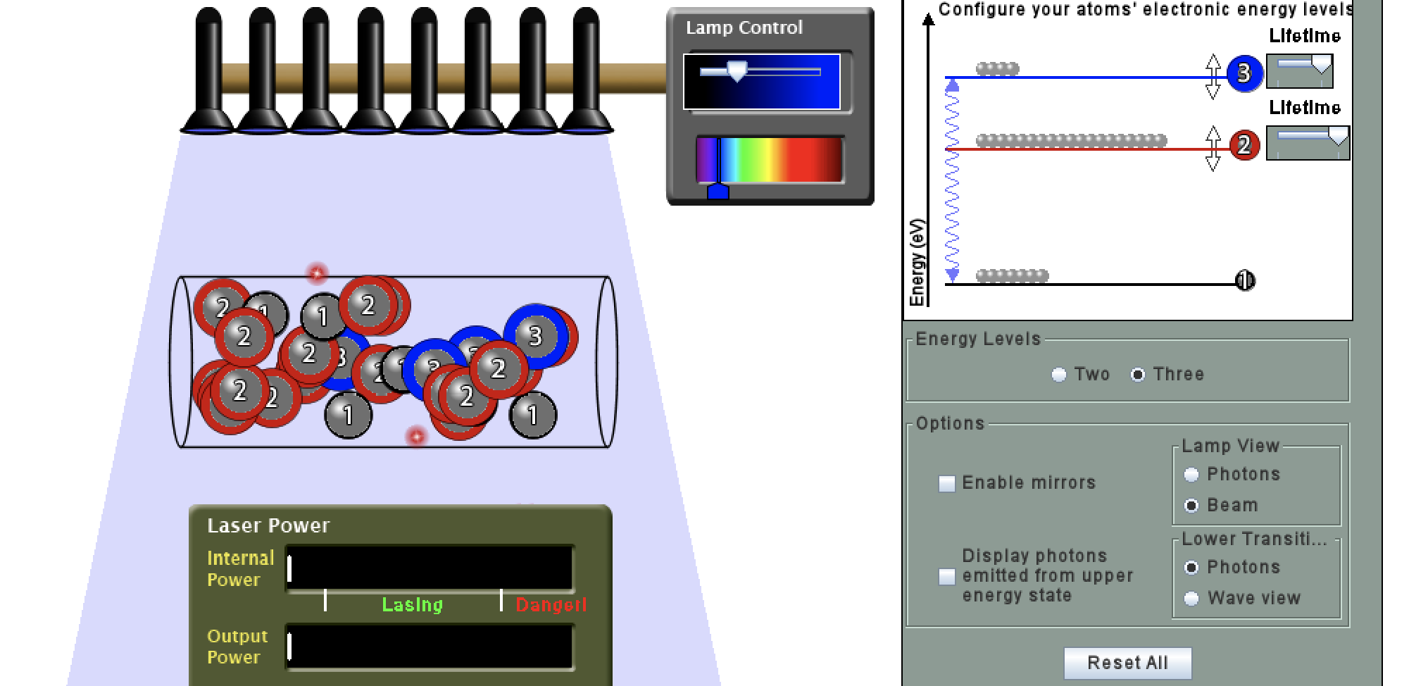 First try to establish a population inversion.How many energy levels do you