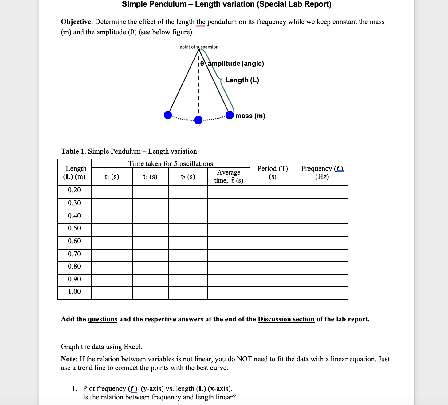  Simple Pendulum - Length variation (Special Lab Report) Objective: Determine the
