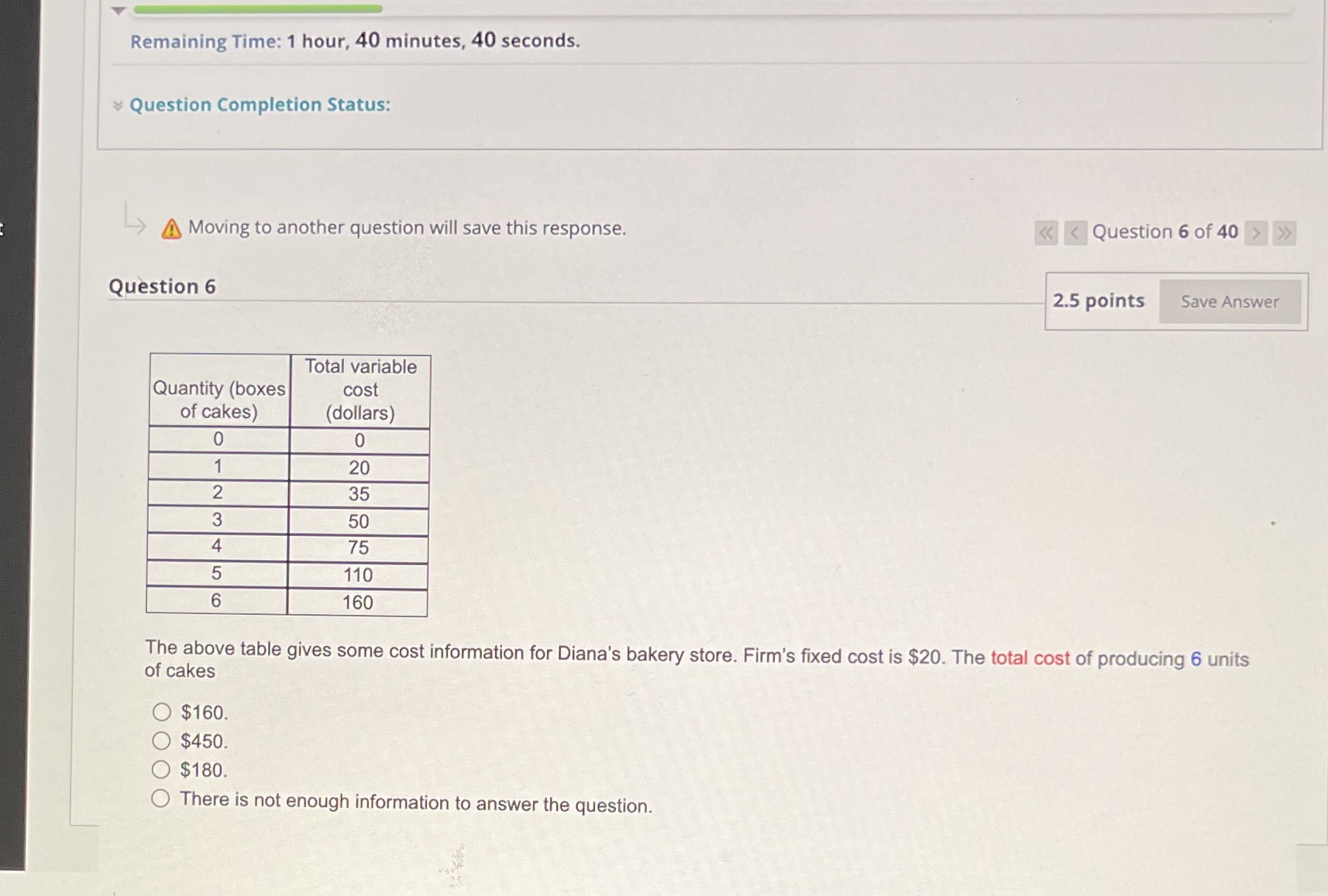 Remaining Time: 1 hour, 40 minutes, 40 seconds. Question Completion Status: