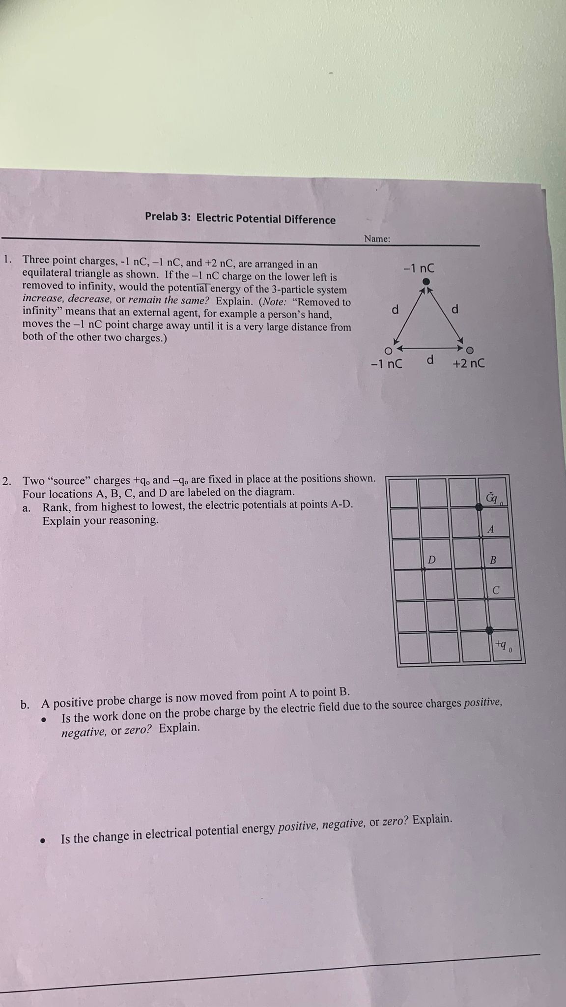  Prelab 3: Electric Potential Difference Name: 1 . Three point charges,