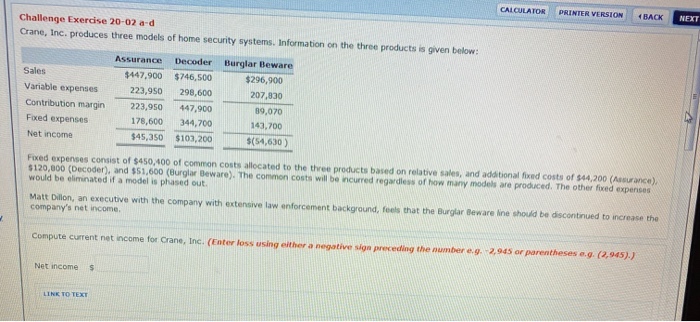  CALCULATOR PRINTER VERSION BACK NEXT Challenge Exercise 20-02 ad Crane, Inc.