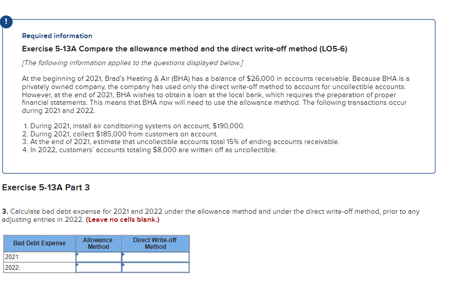 Required information Exercise 5-13A Compare the allowance method and the direct