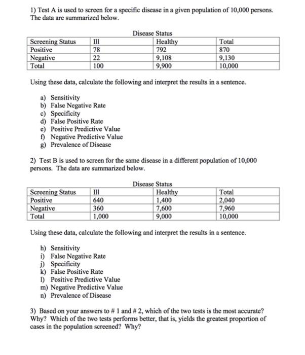  1) Test A is used to screen for a specific disease