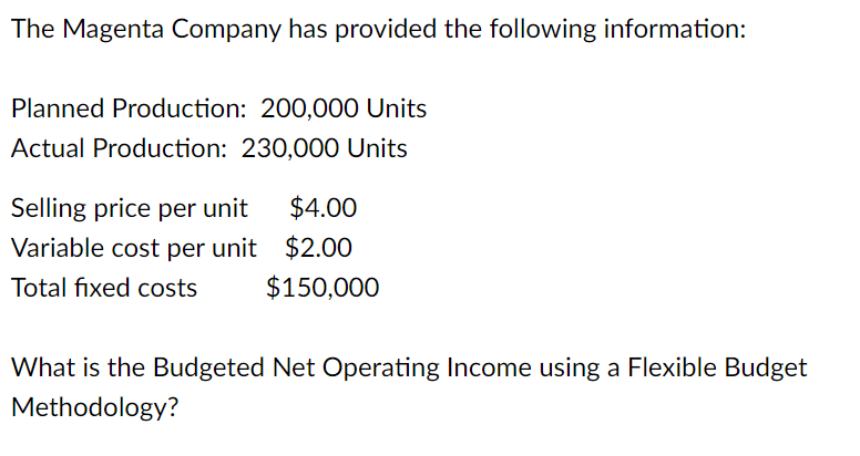 The Magenta Company has provided the following information: Planned Production: 200,000