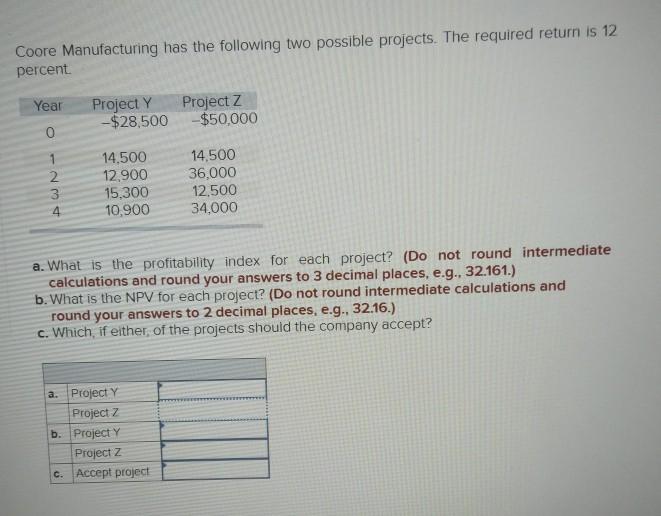  Coore Manufacturing has the following two possible projects. The required return
