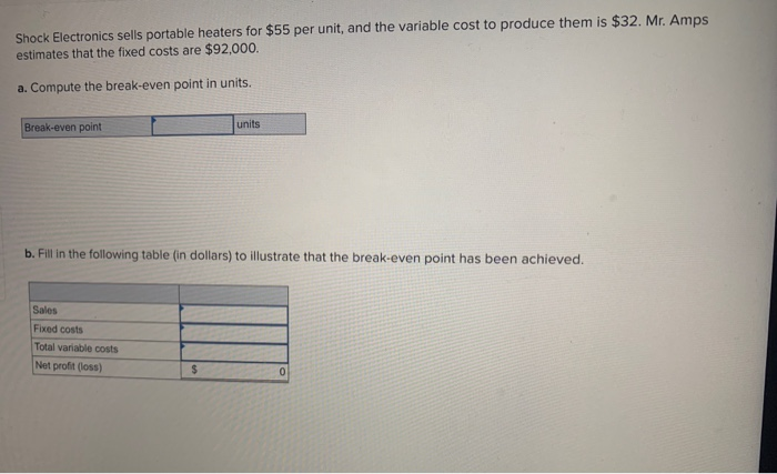  Shock Electronics sells portable heaters for $55 per unit, and the
