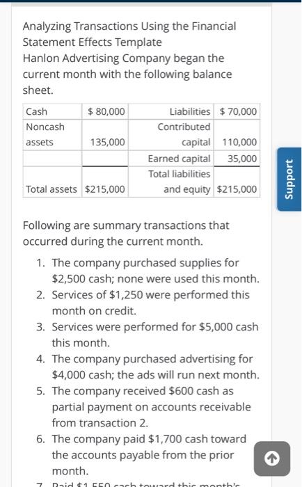  Analyzing Transactions Using the Financial Statement Effects Template Hanlon Advertising Company