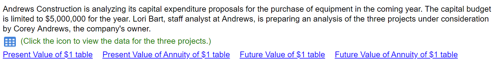 Please answer requirement 1 - 3 Andrews Construction is analyzing its capital