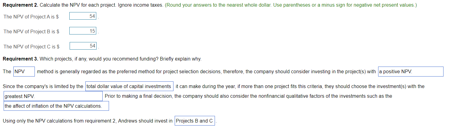 analyst at Andrews, is preparing an analysis of the three projects under