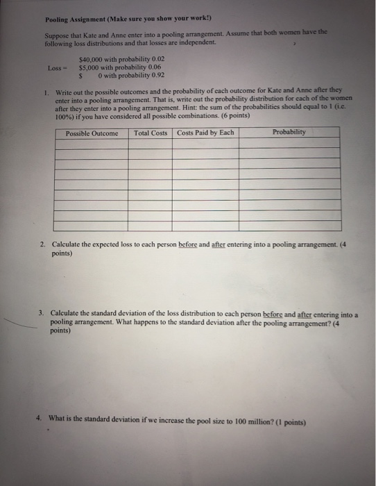 Pooling Assignment (Make sure you show your work!) Suppose that Kate