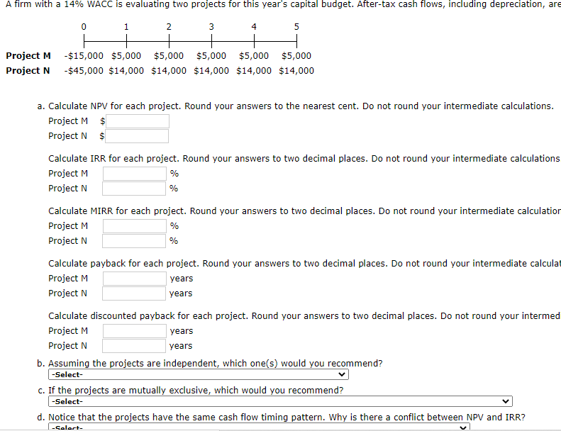 A firm with a 14% WACC is evaluating two projects for