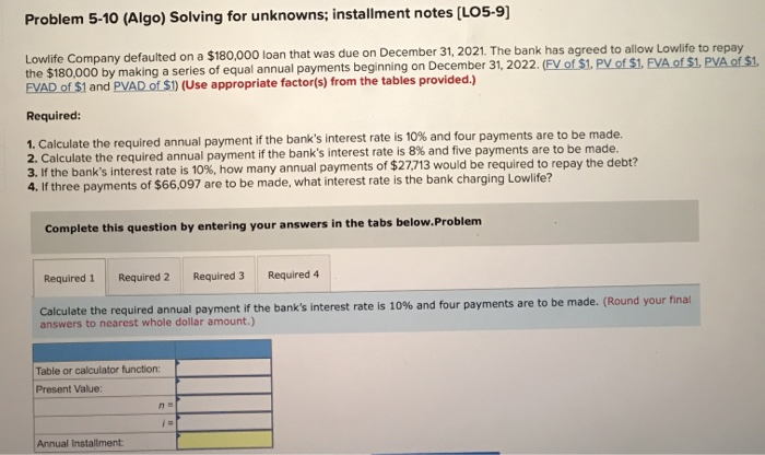  Problem 5-10 (Algo) Solving for unknowns; installment notes (LO5-9) Lowlife Company