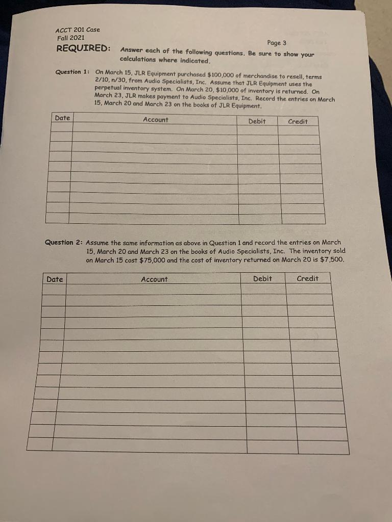  ACCT 201 Case Fall 2021 REQUIRED: Page 3 Answer each of