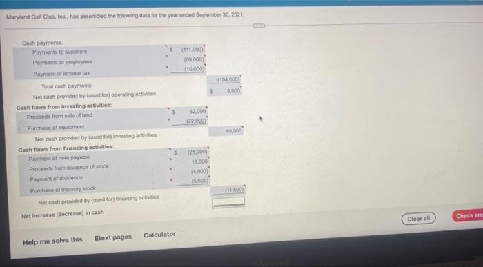 last picture for calculations Maryland Golf Club, Inc., ha assembled the following