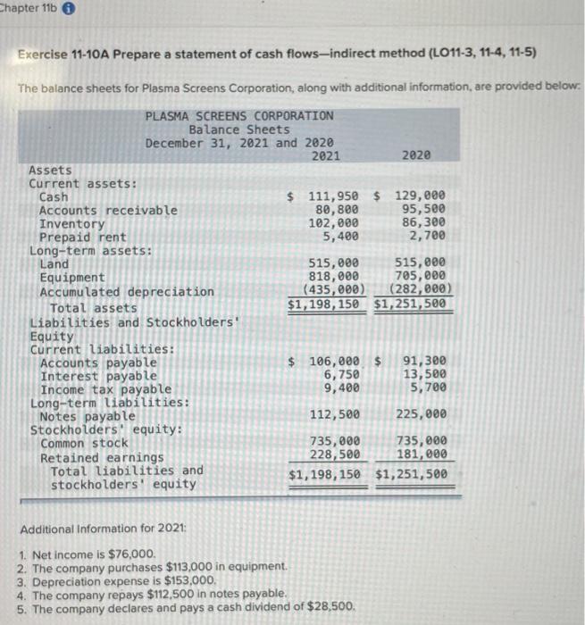  Chapter 11b Exercise 11-10A Prepare a statement of cash flows-indirect method