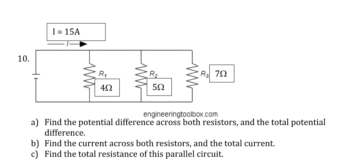 across both resistors, and the total potential difference. b) Find the current