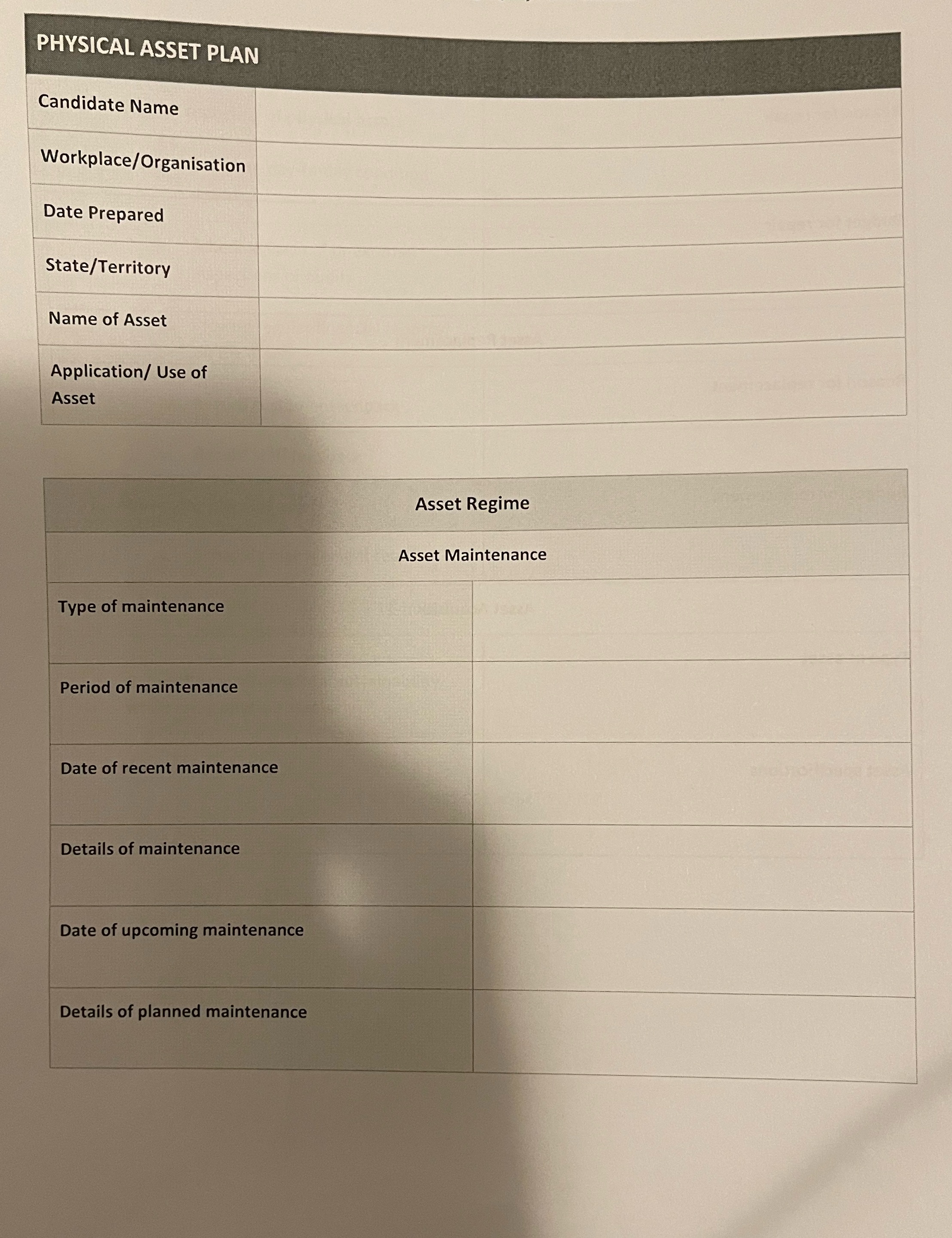 Physical asset plan PHYSICAL ASSET PLAN Candidate Name Workplace/Organisation Date Prepared State/Territory